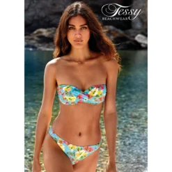 Maillot 2 Pièces Bandeau Fleuri Fond Bleu Océan